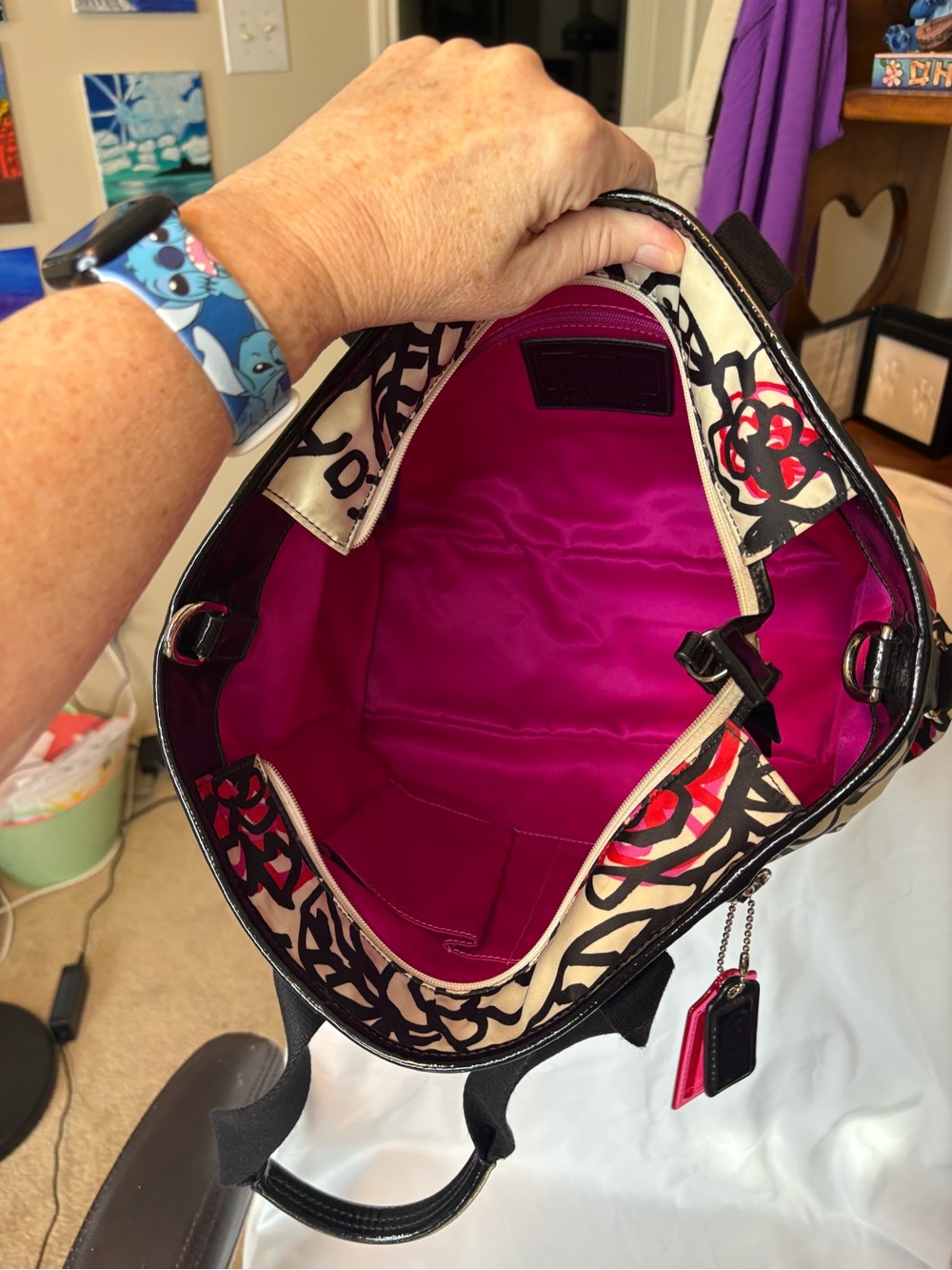 Coach PoppyFloral Tote Bag in White, Black & Red - Picture 5 of 7